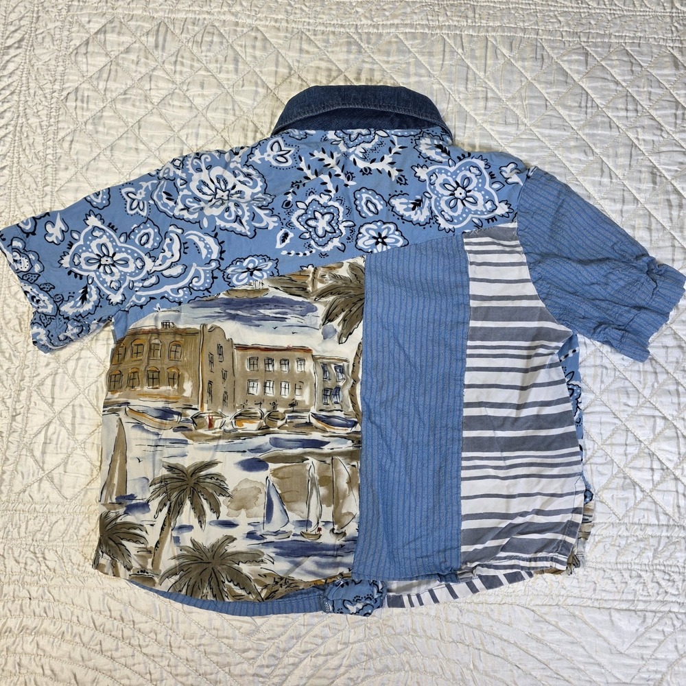 Womens Medium Boho Chic Coastal Patchwork Beaded Wood Cropped Button Up Shirt - Picture 14 of 14
